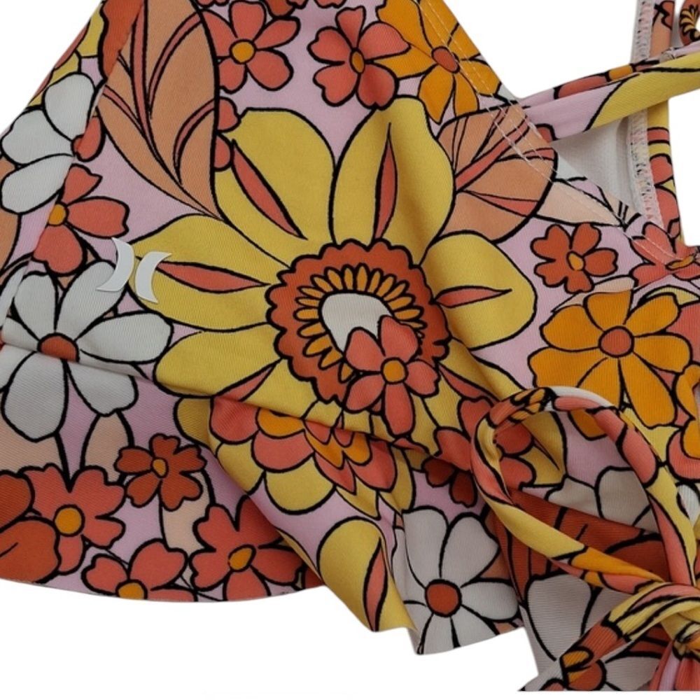 Hurley‎ Floral Print Ruffle Top Bikini 2pc Set Orange size L New with tags! - Picture 3 of 7